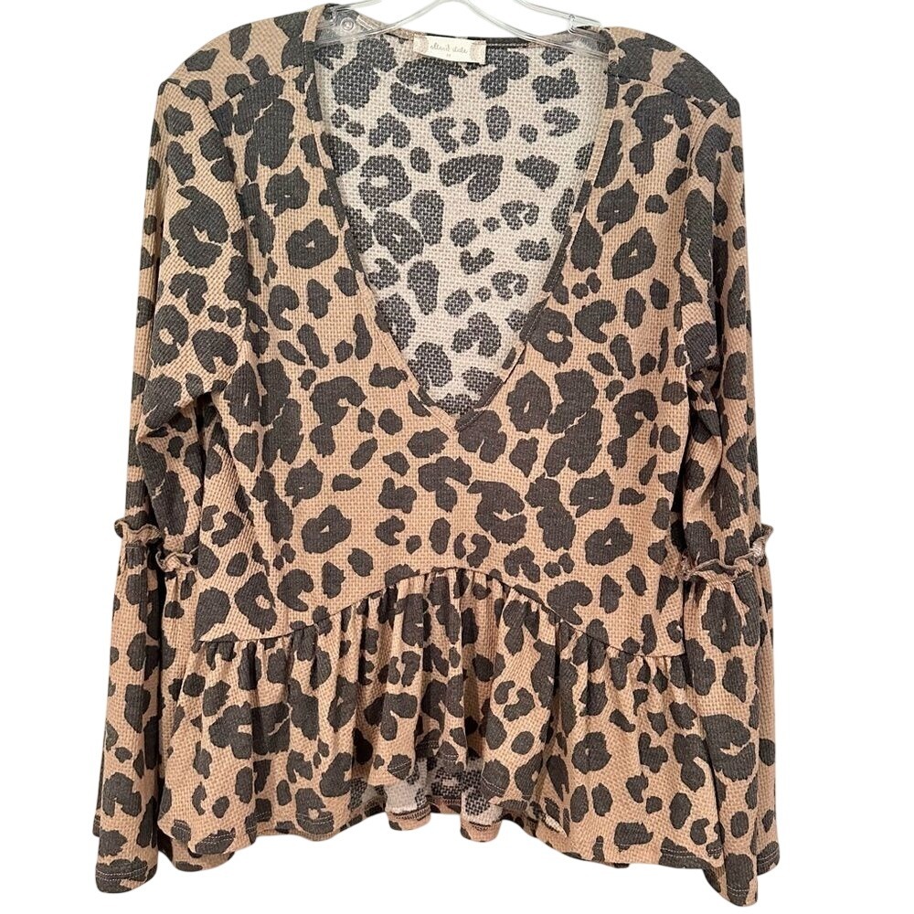 Altar'd State Leopard Peplum Top Women's M Brown Ruffle Boho Hippie Waffle Knit